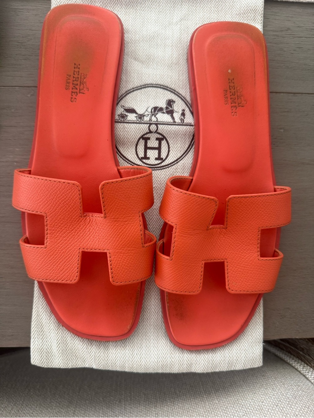 Hermes Orange H-Logo Leather Slide Sandals